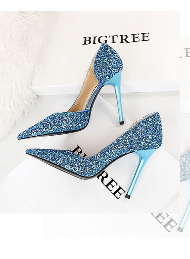 BIGTREE Pointed Side Cut-Out Shiny Sequin High Heels 10.5CM Blue  - Image 3