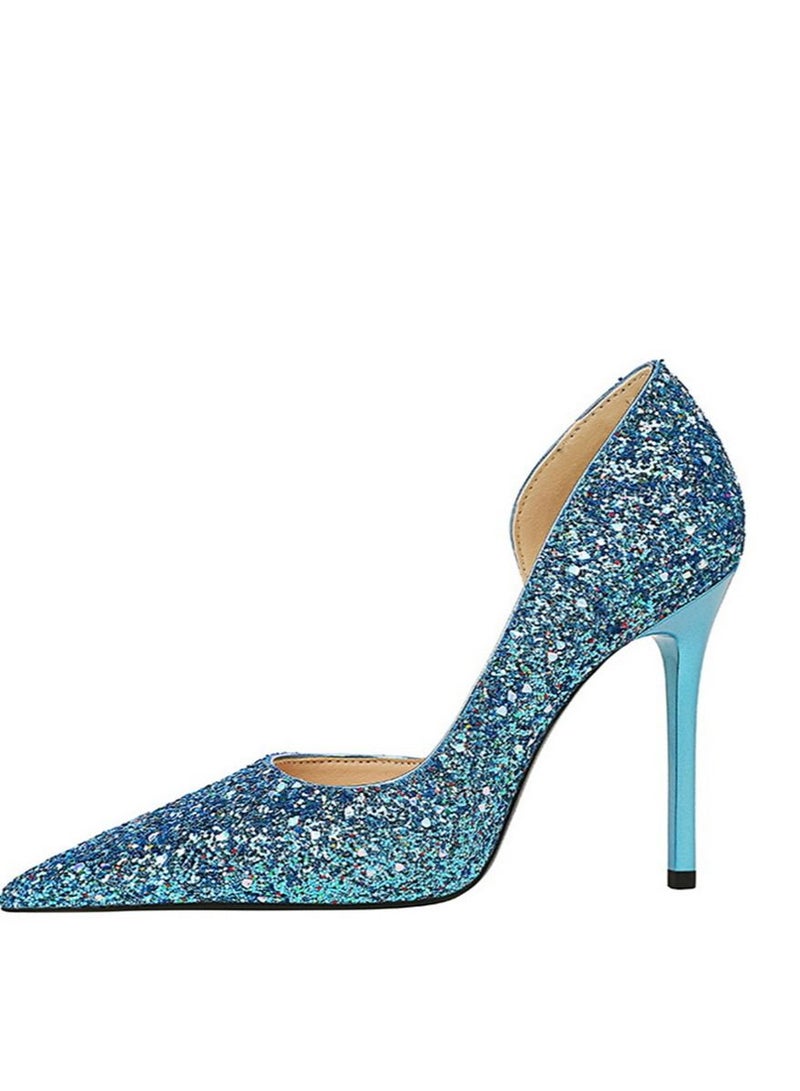 BIGTREE Pointed Side Cut-Out Shiny Sequin High Heels 10.5CM Blue  - Image 4