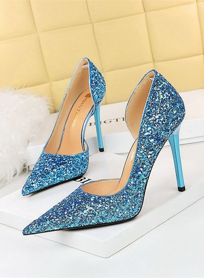 BIGTREE Pointed Side Cut-Out Shiny Sequin High Heels 10.5CM Blue  - Image 1
