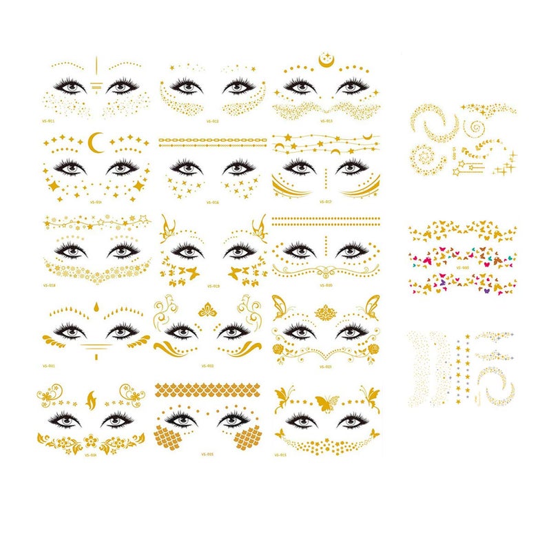 Apol 18 Pack Face Tattoo Stickers - Temporary Face Tattoos - Golden & Silvery Glitter - Waterproof - Suitable for Women, Girls, Youth & Adults