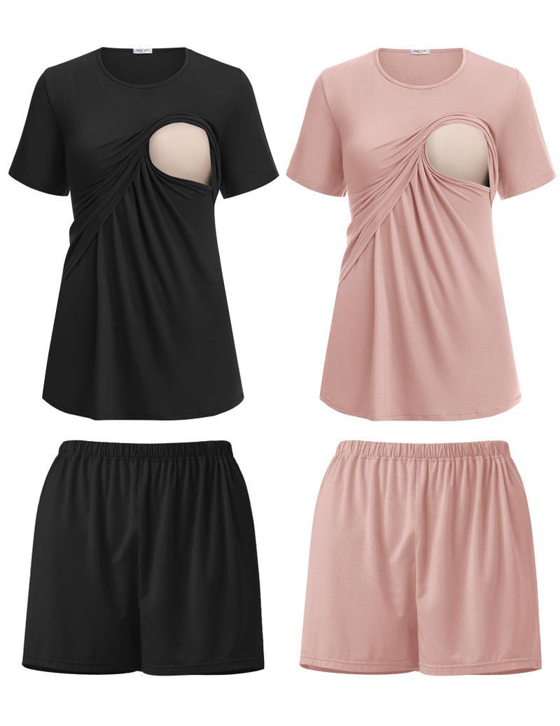 Ekouaer 2 Pack Maternity Sleepshirts Double Layer Breastfeeding Sleepwear Short Sleeve Nursing Pjs Tops & Shorts with Pocket XL Black/Dirty Pink - Image 1