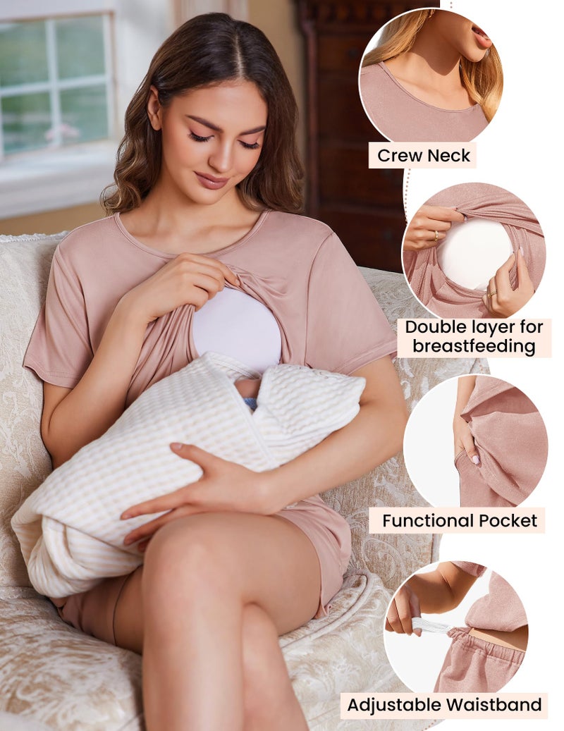 Ekouaer 2 Pack Maternity Sleepshirts Double Layer Breastfeeding Sleepwear Short Sleeve Nursing Pjs Tops & Shorts with Pocket XL Black/Dirty Pink - Image 4