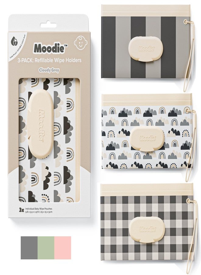 moodie 3PACK Baby Wipes Holder | Refillable Wipes Container w/DOUBLE-LOCK SEAL |Travel Wipe Case | Portable Wipe Dispenser | Reusable Wipes Pouch (Cloudy Grey, 3 PACK) - Image 1