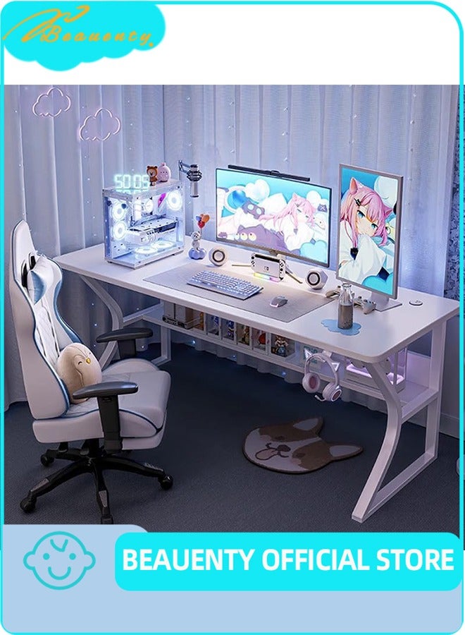 بيوينتي مكتب الكمبيوتر مكتب الألعاب للمنزل مكتب المكتب المنزلي مع رفف مرتفع تصميم إيرغونومي قدرة تحمل حمولة قوية مثالية للاعبين البالغين (أبيض ، 120) - Image 1
