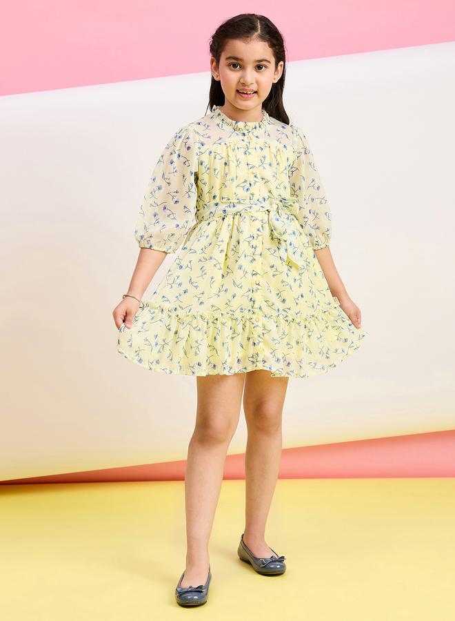Stylo Bug Girls Yellow Floral Printed Balloon Sleeve Dress - Image 1