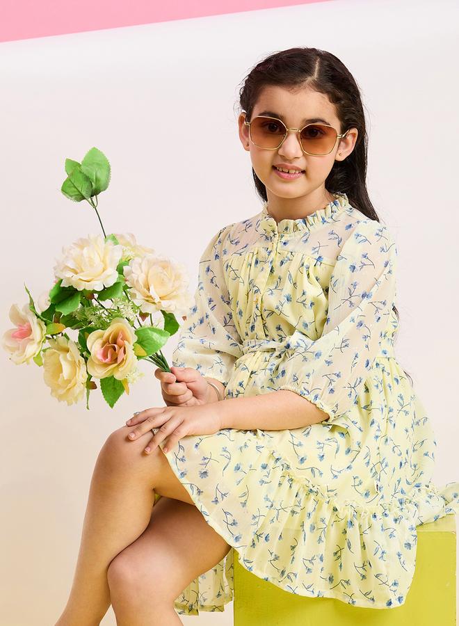 Stylo Bug Girls Yellow Floral Printed Balloon Sleeve Dress - Image 5