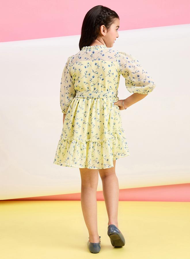 Stylo Bug Girls Yellow Floral Printed Balloon Sleeve Dress - Image 3