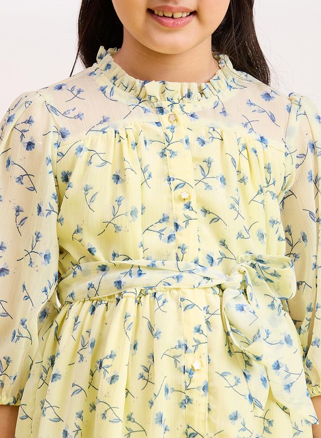 Stylo Bug Girls Yellow Floral Printed Balloon Sleeve Dress - Image 4
