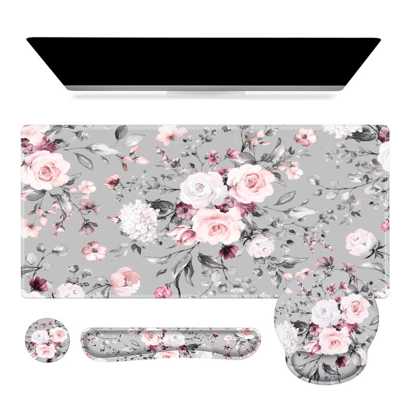 iCasso Large Mouse Pad Wrist Support Set 4in1 XXL Big Mousepad Keyboard Wrist Rest Mouse Wrist Rest Coaster Set with Ergonomic Design Gaming Mat for Home Office Table Computer Pink Floral