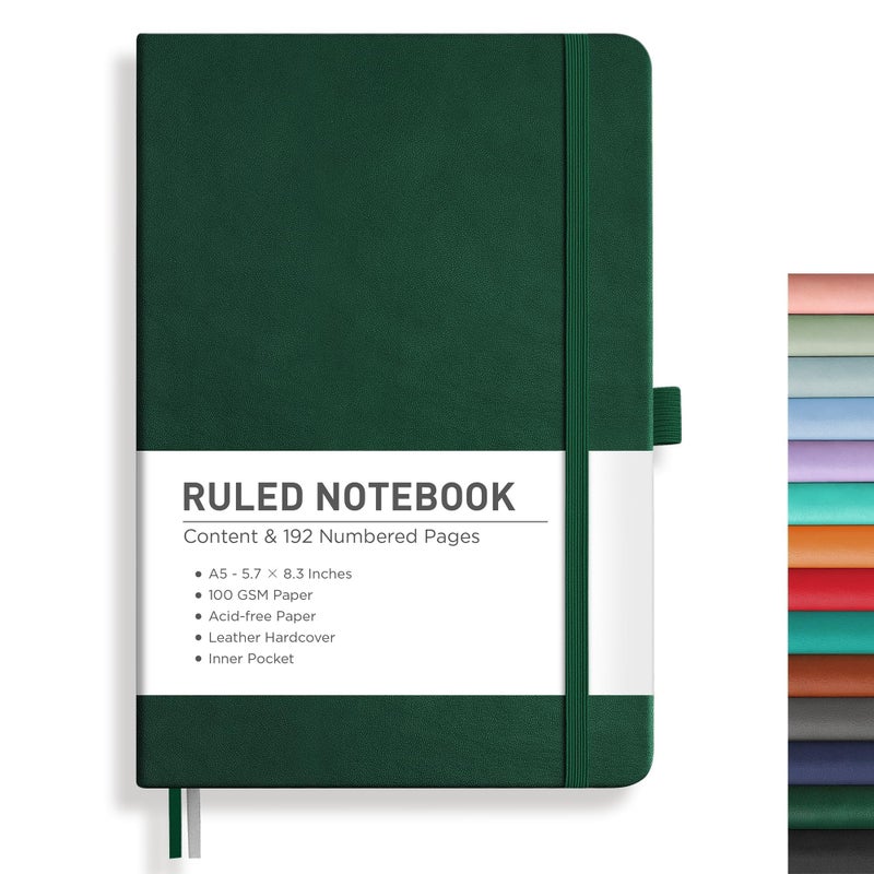 RETTACY Lined Journal Notebook, 192 Numbered Pages, A5 Medium Size (5.7'' x 8.3''), for Men & Women, Journaling, Writing, Work & Office, Leather Hardcover, 100 GSM Thick Paper (Dark Green) - Image 1