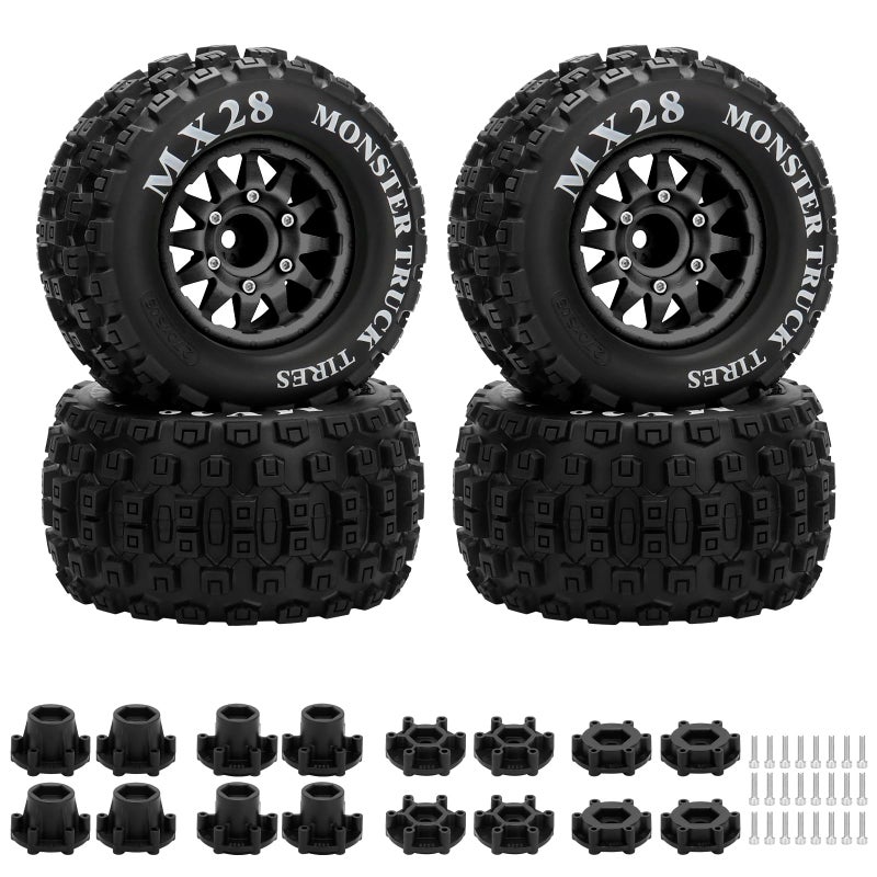 daitoku 28 RC Tires with 12mm14mm Hex Adapter 110 Scale RC Truck Tires RC Wheels and Tires Set for Traxxas Arrma Rustler Stampede 4PCS Black Not Glued - Image 3