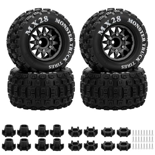 daitoku 28 RC Tires with 12mm14mm Hex Adapter 110 Scale RC Truck Tires RC Wheels and Tires Set for Traxxas Arrma Rustler Stampede 4PCS Black Not Glued - Image 1