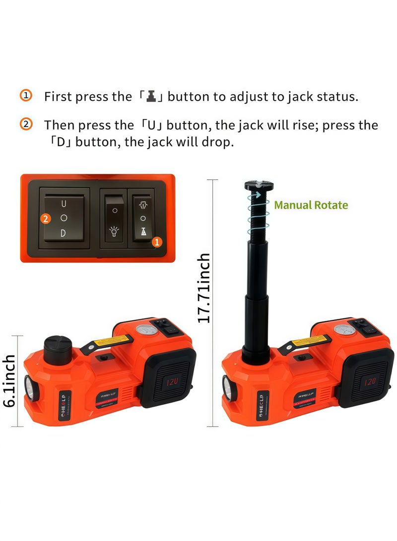 Gurduenon Electric Car Jack Kit 5 Ton 12V Floor Jack with Impact Wrench and Tire Inflator Pump Portable Hydraulic Car Jack for SUV Sedans Tire Change with LED Light, Lifting Height 6 to 17.7 Inch - Image 3