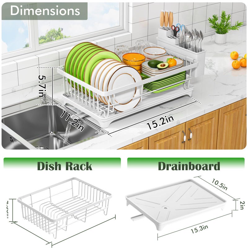 Kmiectse Dish Drying Rack - Space-Saving Small Dish Rack for Kitchen Counter, Rust-Resistant Kitchen Drying Rack, Compact Dish Drainer Organizer with Utensil Holder for Home Kitchen, White - Image 5
