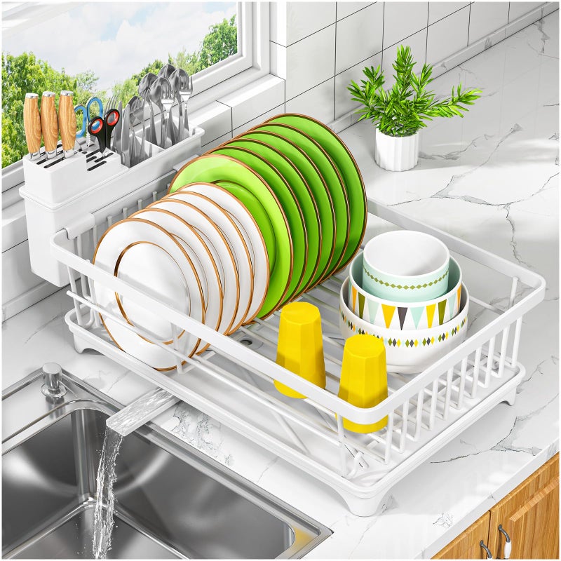 Kmiectse Dish Drying Rack - Space-Saving Small Dish Rack for Kitchen Counter, Rust-Resistant Kitchen Drying Rack, Compact Dish Drainer Organizer with Utensil Holder for Home Kitchen, White - Image 1