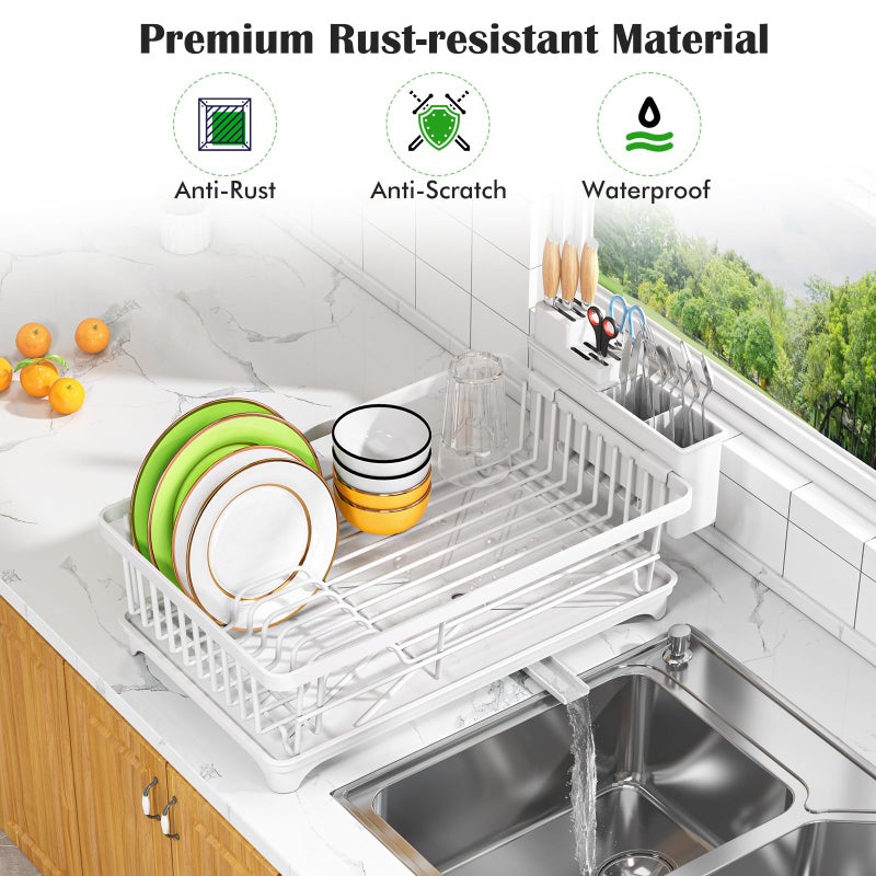 Kmiectse Dish Drying Rack - Space-Saving Small Dish Rack for Kitchen Counter, Rust-Resistant Kitchen Drying Rack, Compact Dish Drainer Organizer with Utensil Holder for Home Kitchen, White - Image 4