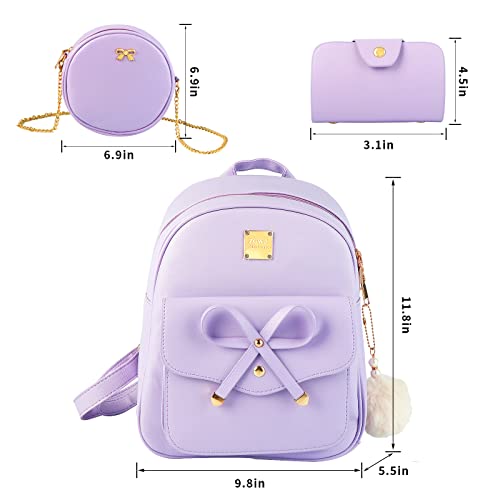Aogist Mini Leather Backpack Purse 3-Pieces Fashion Bowknot Zipper Bags Cute Casual Travel Daypacks for Women (Purple) - Image 2
