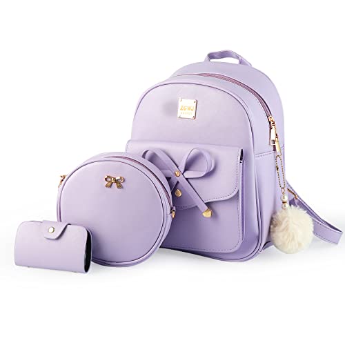 Aogist Mini Leather Backpack Purse 3-Pieces Fashion Bowknot Zipper Bags Cute Casual Travel Daypacks for Women (Purple) - Image 1