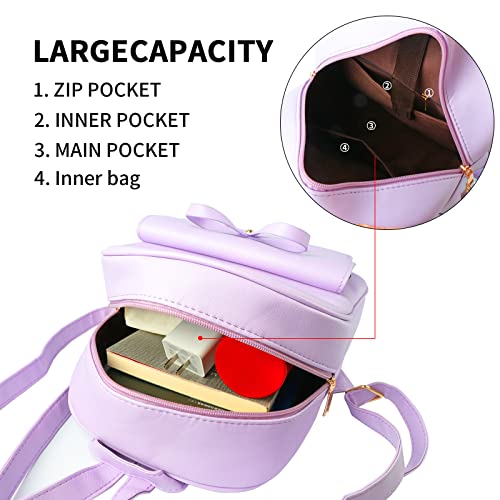 Aogist Mini Leather Backpack Purse 3-Pieces Fashion Bowknot Zipper Bags Cute Casual Travel Daypacks for Women (Purple) - Image 4