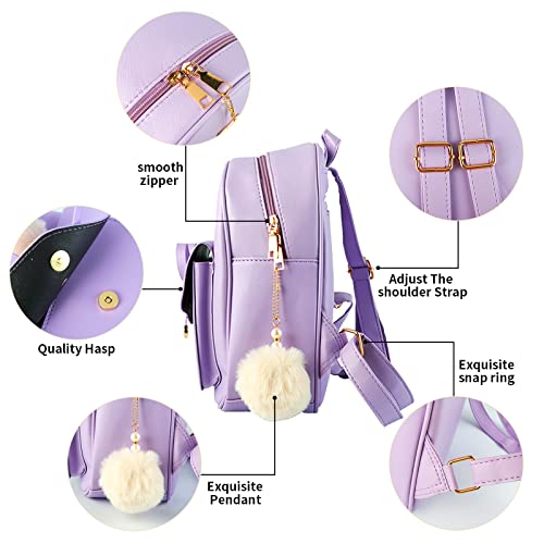 Aogist Mini Leather Backpack Purse 3-Pieces Fashion Bowknot Zipper Bags Cute Casual Travel Daypacks for Women (Purple) - Image 3