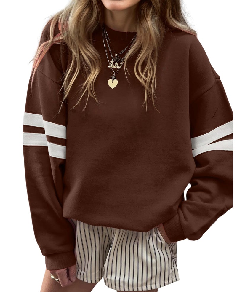SELINK Womens Varsity Striped Oversized Sweatshirt Crewneck Long Sleeve Casual Fashion Pullover Top Fall Outfits Coffee-M - Image 1