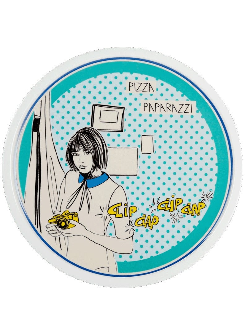 Baci milano Pizza Plate 33.5 cm – Porcelain – “Pizza Paparazzi” Light Blue Pop Art Design – Unique Comic Dinner Plate for Kitchen or Gift  - Image 1