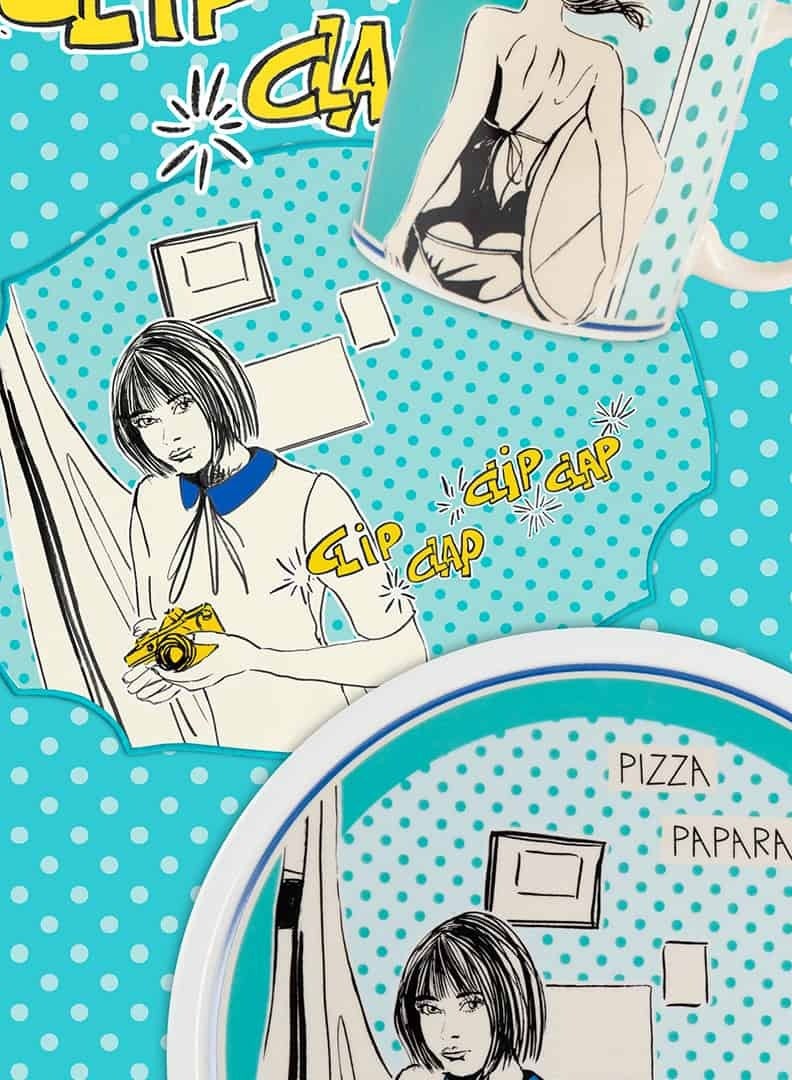 Baci milano Pizza Plate 33.5 cm – Porcelain – “Pizza Paparazzi” Light Blue Pop Art Design – Unique Comic Dinner Plate for Kitchen or Gift  - Image 2