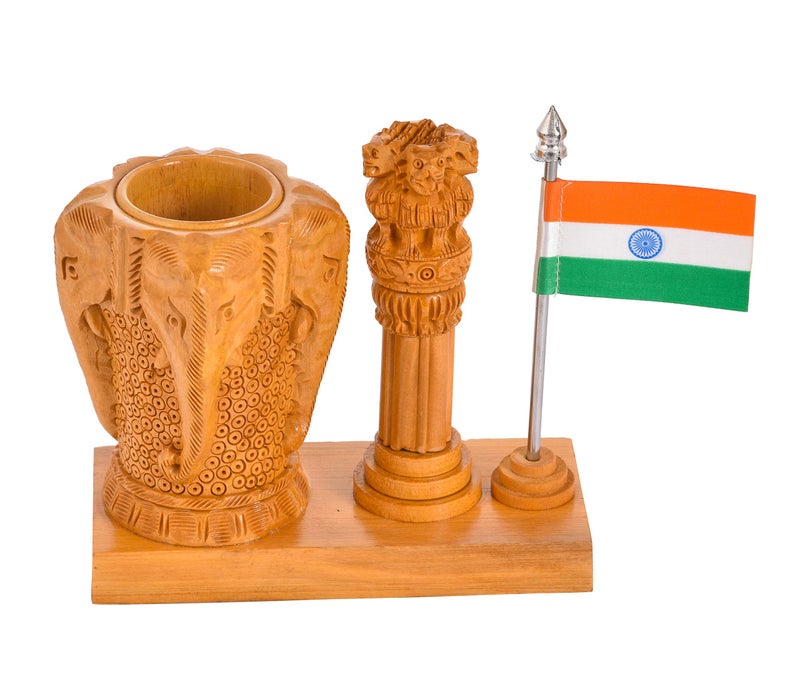 Craft Trade Pen Stand for Office Table Stylish Decorative Wooden Ashok Stambh with Indian Flag Elephant Design Pen Holder Aesthetic Desk Organizer with Clock - Image 5