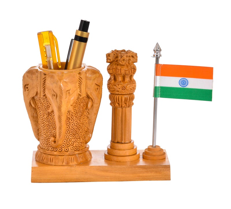 Craft Trade Pen Stand for Office Table Stylish Decorative Wooden Ashok Stambh with Indian Flag Elephant Design Pen Holder Aesthetic Desk Organizer with Clock - Image 4