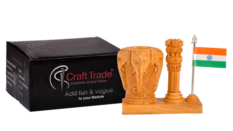 Craft Trade Pen Stand for Office Table Stylish Decorative Wooden Ashok Stambh with Indian Flag Elephant Design Pen Holder Aesthetic Desk Organizer with Clock - Image 2