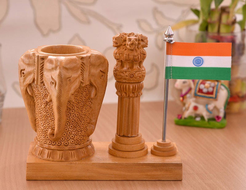 Craft Trade Pen Stand for Office Table Stylish Decorative Wooden Ashok Stambh with Indian Flag Elephant Design Pen Holder Aesthetic Desk Organizer with Clock - Image 3