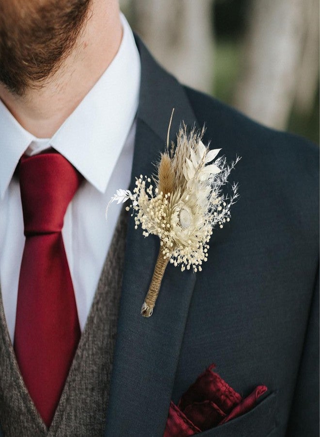 Rinlong رينلونغ، 6 قطع من باقات الزهور المجففة المتنوعة للرجال، باقات زفاف ريفية بوهيمية بيج، باقات زفاف خريفية للعريس مع دبابيس لحفلات التخرج والعودة إلى الوطن وحفلات الزفاف - Image 2