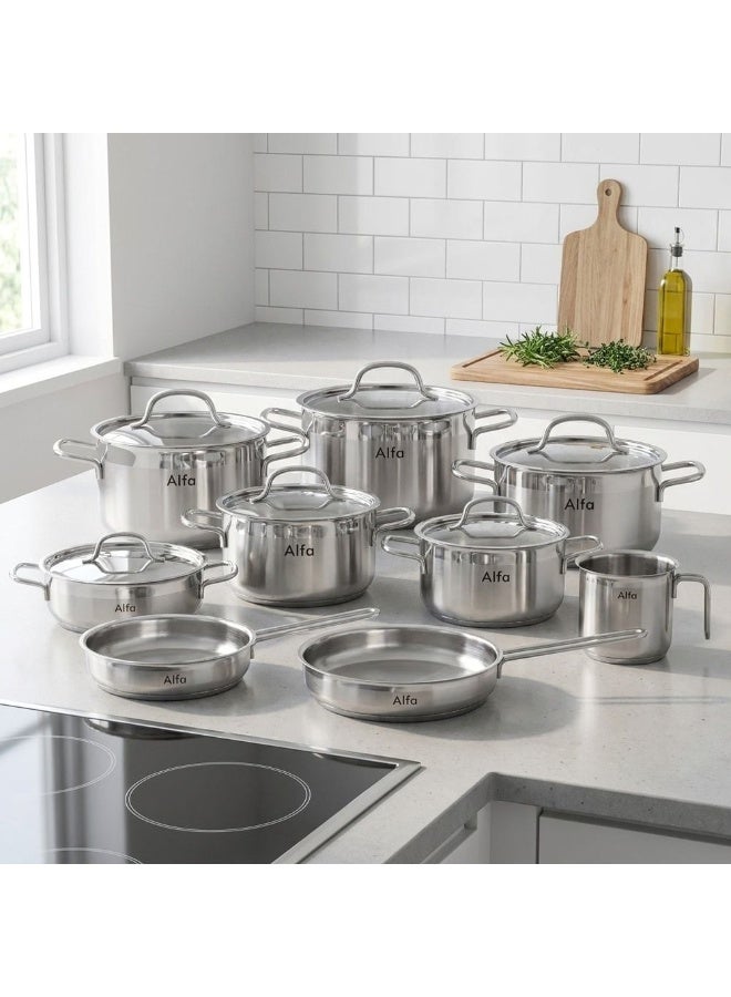 Chef's Delight Alfa 15-Piece Stainless Steel Cookware Set, 18/10 Silver Pots And Pans For Daily Cooking - Image 1
