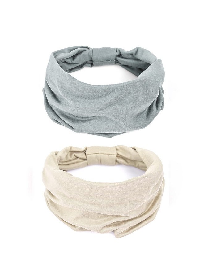 Gili - Ili 2 Pack Wide Headbands For Women Boho African Knotted Non Slip Fashion Hair Bands Yoga Running Sports Workout Gym Head Wraps Elastic Soft Cotton Cloth Turbans Bandana For Girls(Light Grey Skin) - Image 1
