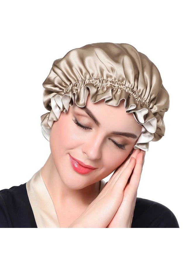 Pure Silk Lined Cap for Women Sleep, Double Layered, Adjustable Ribbons, Luxury Natural Silk Bonnet Cap for Sleeping Coffee+White