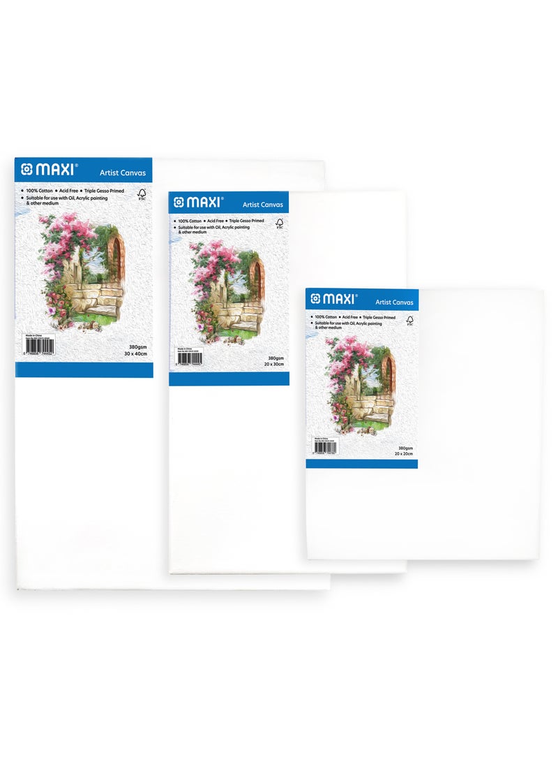 MAXI Stretched Painting Canvas Board 380 Gsm 3Pc 30X40.20X30,20X20 For Oil & Acrylic Artist Drawing Paints WHITE - Image 1