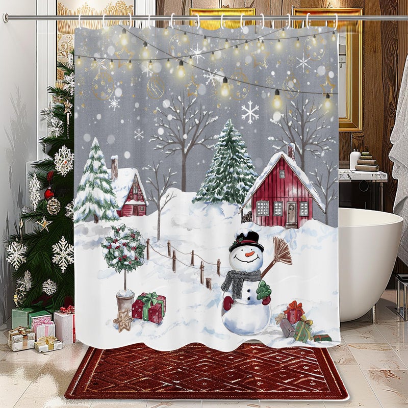 OVZME Snowman Shower Curtain New Year Holiday Bathroom Decor Christmas Tree Snowflakes Shower Curtain for Kids Bathroom 72 W x 72 L