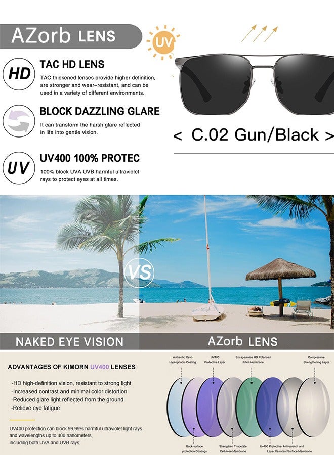 آأزورب نظارات شمسية للرجال نسائية مربعة طيار نظارة والنساء بإطار من سبيكة المعدن الجودة نضارات - نظارات النظارات رجالية الشمسية نضارات للحماية من نضارات الأشعة فوق البنفسجية وتصميم بولارايزد نضرات أسود - Image 3