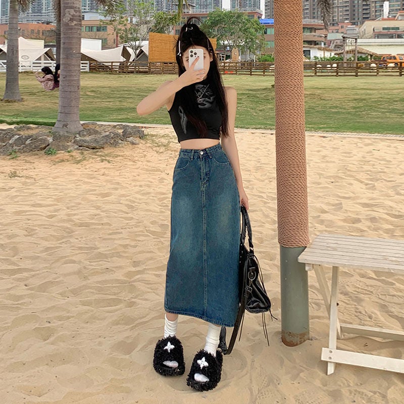 Hong Kong Style Vintage Split Denim Skirt Women'S Pear-Shaped A- Line Skirt Mid-Length High Waist Hip Covering Slimming Skirt - Image 1