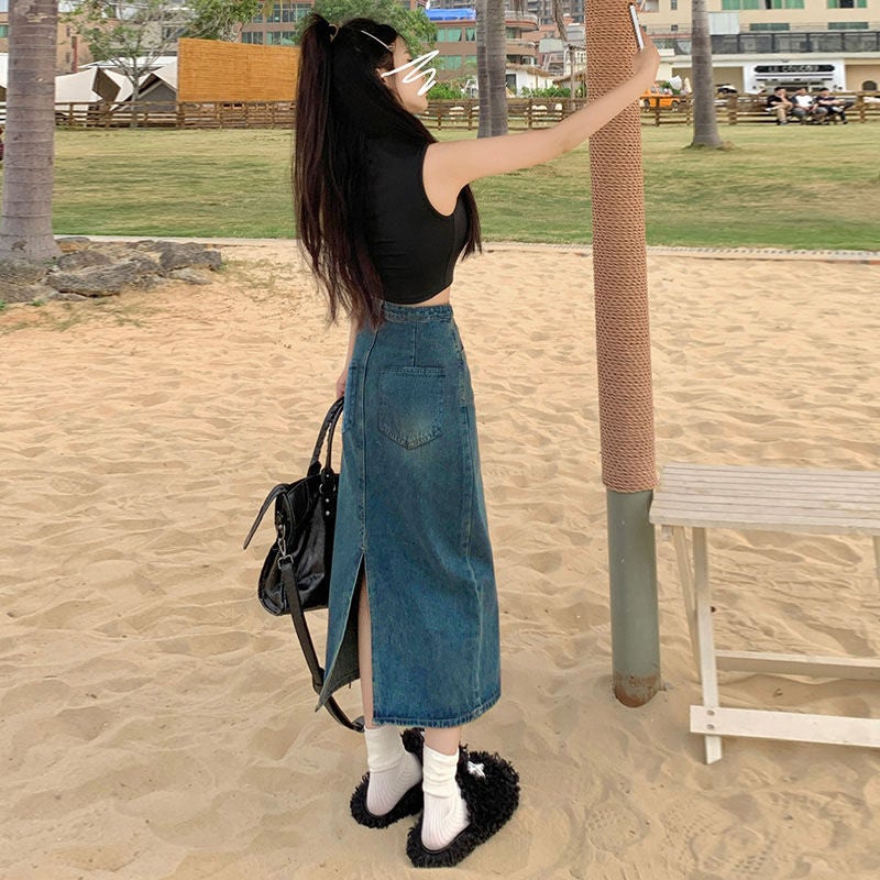 Hong Kong Style Vintage Split Denim Skirt Women'S Pear-Shaped A- Line Skirt Mid-Length High Waist Hip Covering Slimming Skirt - Image 4