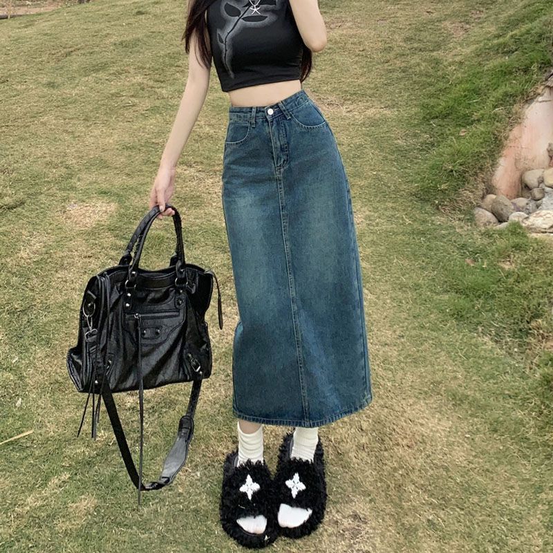 Hong Kong Style Vintage Split Denim Skirt Women'S Pear-Shaped A- Line Skirt Mid-Length High Waist Hip Covering Slimming Skirt - Image 2