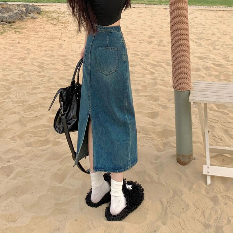 Hong Kong Style Vintage Split Denim Skirt Women'S Pear-Shaped A- Line Skirt Mid-Length High Waist Hip Covering Slimming Skirt - Image 3