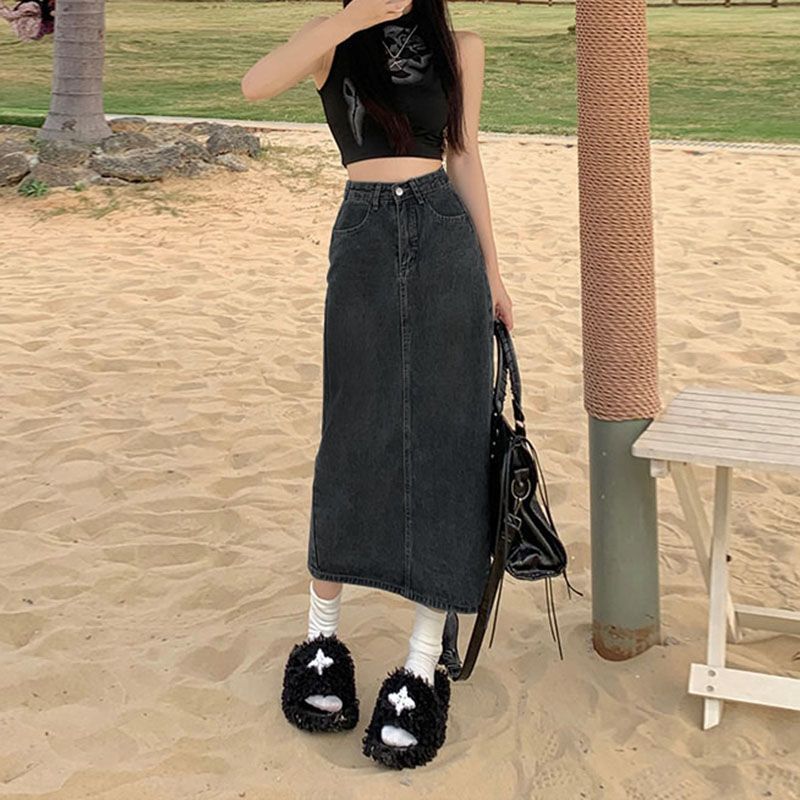 Hong Kong Style Vintage Split Denim Skirt Women'S Pear-Shaped A- Line Skirt Mid-Length High Waist Hip Covering Slimming Skirt - Image 5