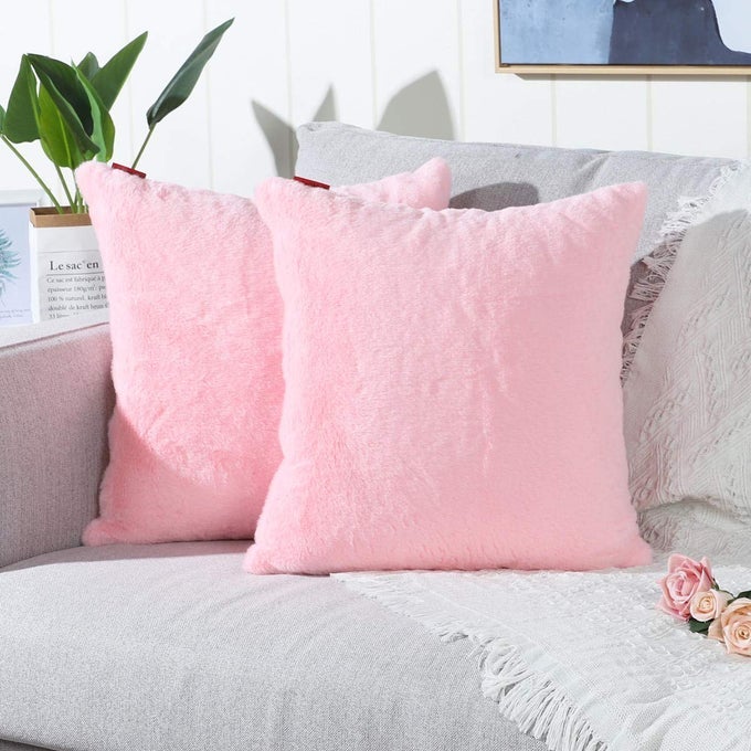 PACK OF 2 PINK FAUX FUR FUZZY COZY SOFT DECORATIVE THROW PILLOW COVERS SET CUSHION CASES PILLOWCASES FOR SOFA BEDROOM CAR 16X16 INCHES