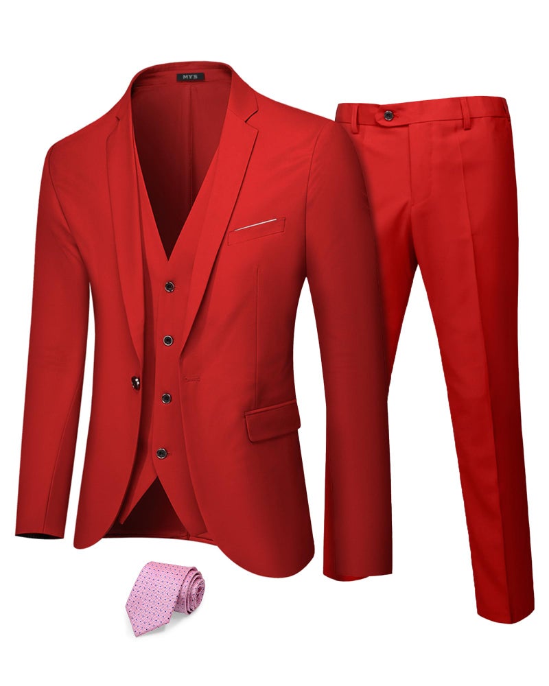 MYS Mens 3 Piece Suit Set with Tie One Button Slim Fit Jacket Vest Pants Party Wedding Prom Blazer Waistcoat Trousers Red XSmall