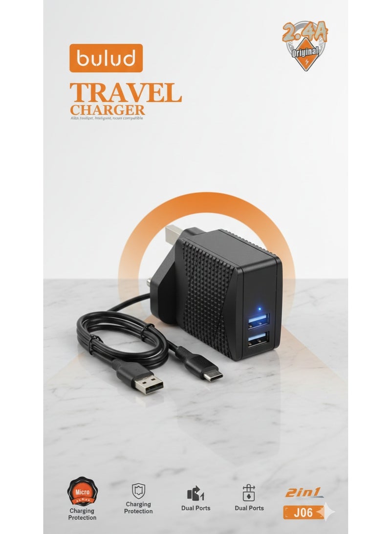شاحن حائط للسفر ثنائي المنافذ USB من Bulud J06 بقوة 2.4 أمبير مع كابل Micro-USB - وحدة شحن ثنائية المنافذ عالية السرعة للهواتف الذكية والأجهزة اللوحية والأجهزة المحمولة (أسود)