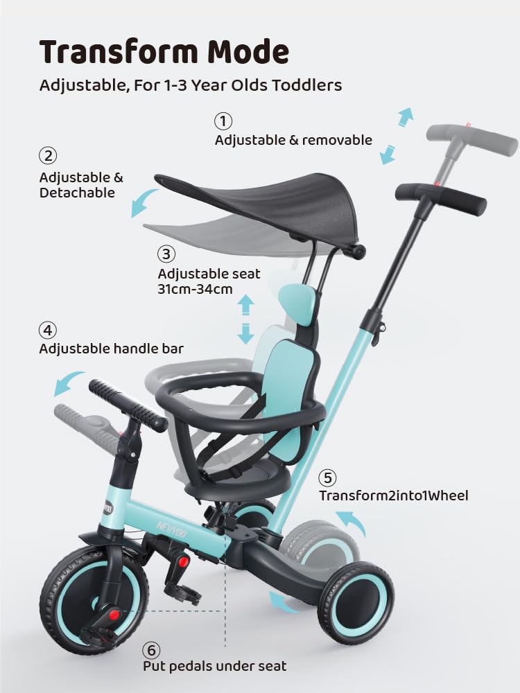 newyoo Tricycle for Toddlers 1-3, Toddler Tricycle with Push Handle and Canopy, Toddler Bike, Birthday Gift and Toys for Girl and Boy, 6 in 1 Baby Trike, Balance Bike, TR009, Dark Grey - Image 5