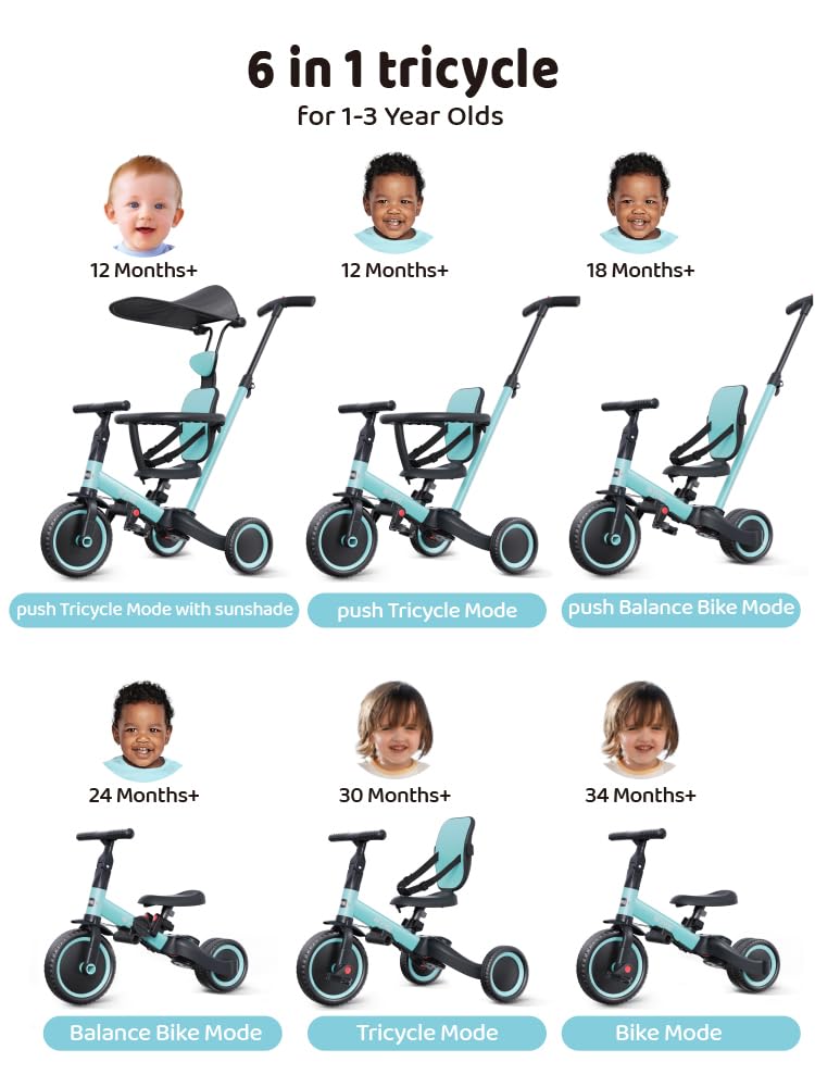 newyoo Tricycle for Toddlers 1-3, Toddler Tricycle with Push Handle and Canopy, Toddler Bike, Birthday Gift and Toys for Girl and Boy, 6 in 1 Baby Trike, Balance Bike, TR009, Dark Grey - Image 2