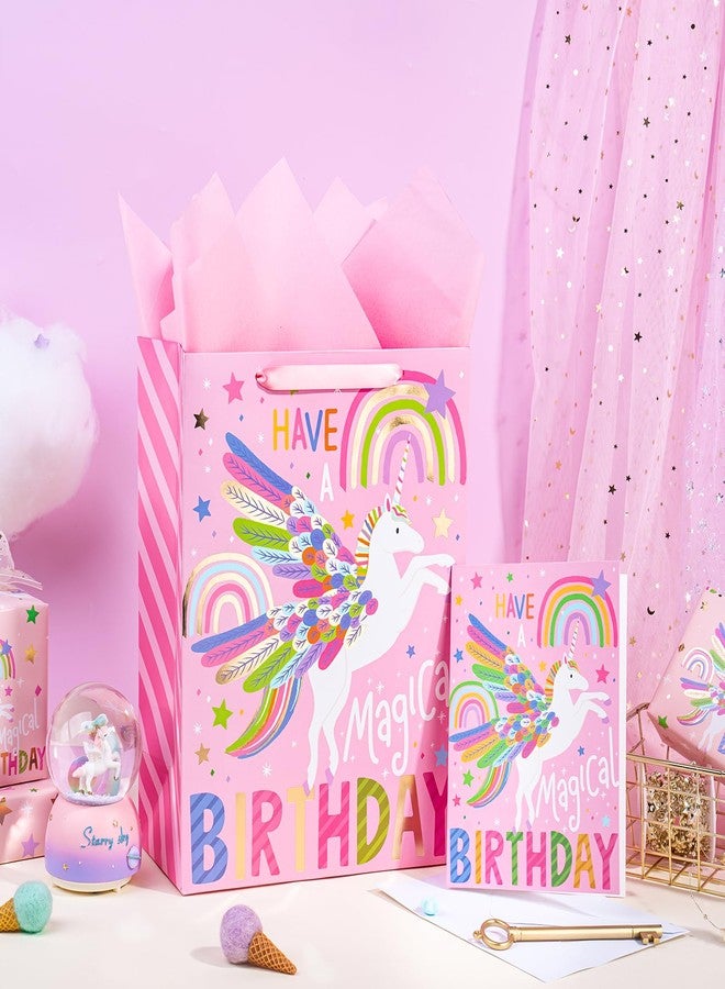 LeZakaa 13" Unicorn Birthday Gift Bag with Tissue Paper and Greeting Card, Foil Rainbow Winged Unicorn Design, Magical Happy Birthday Gift Bag for Kids Girls, 13" x 10" x 5", 1 Pc - Image 4