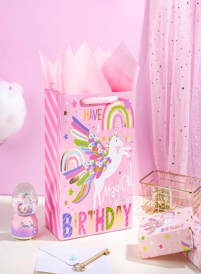 LeZakaa 13" Unicorn Birthday Gift Bag with Tissue Paper and Greeting Card, Foil Rainbow Winged Unicorn Design, Magical Happy Birthday Gift Bag for Kids Girls, 13" x 10" x 5", 1 Pc - Image 3
